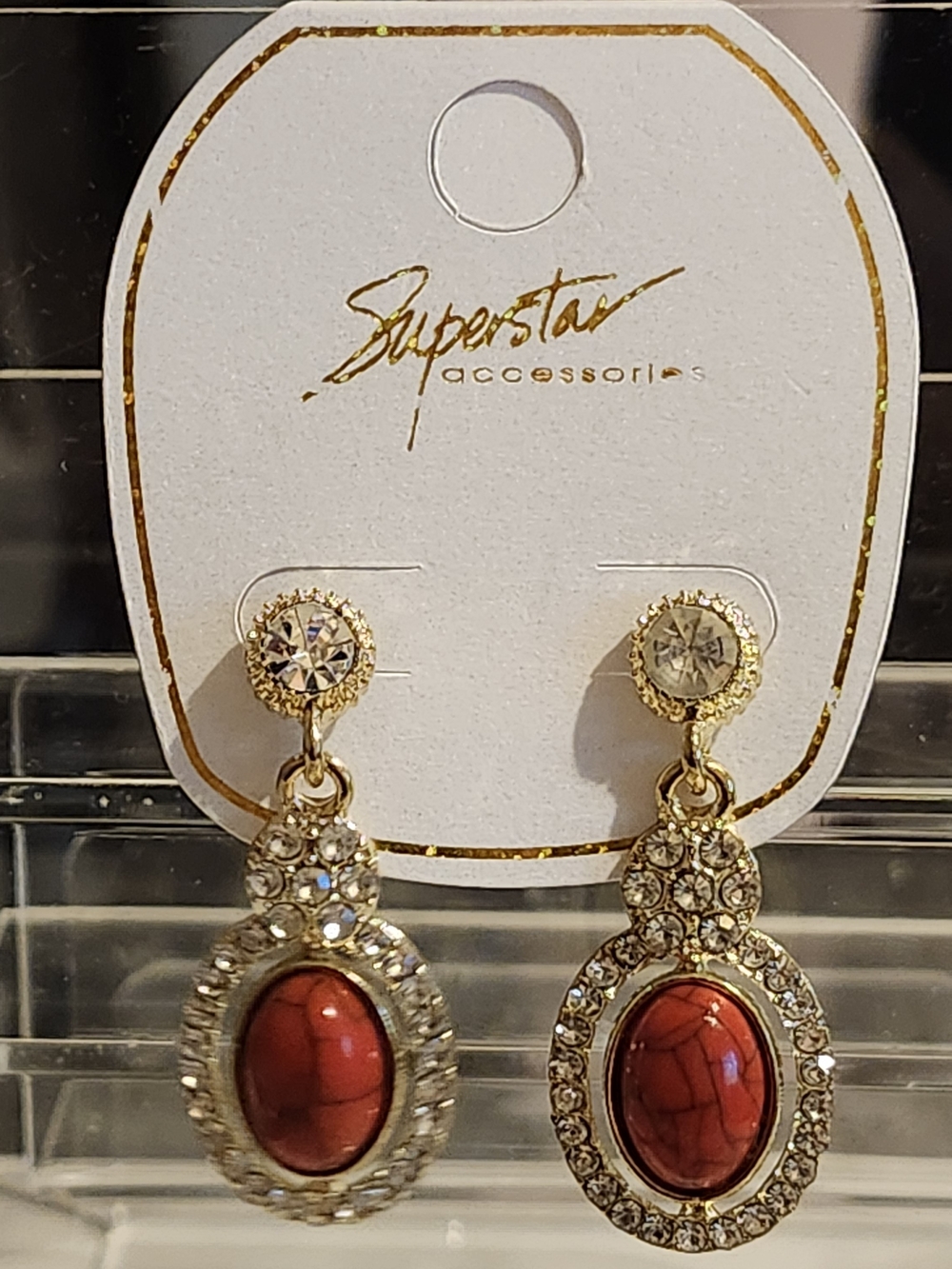 Red Stone Drop Earrings - Gold Tone